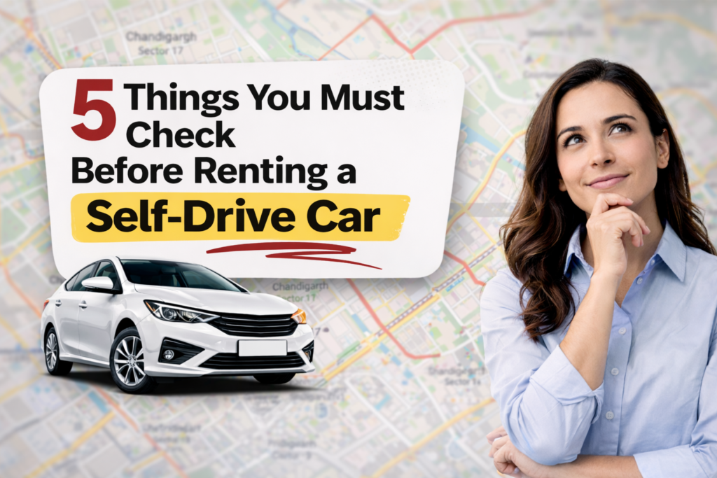 “Self-drive car rental checklist with car image and travel planning concept”