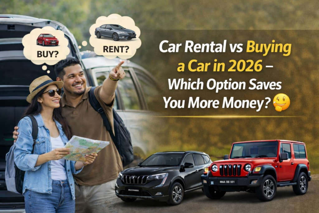 Car rental vs buying a car in 2026 comparison showing couple thinking about rent or buy option with SUV and sedan vehicles