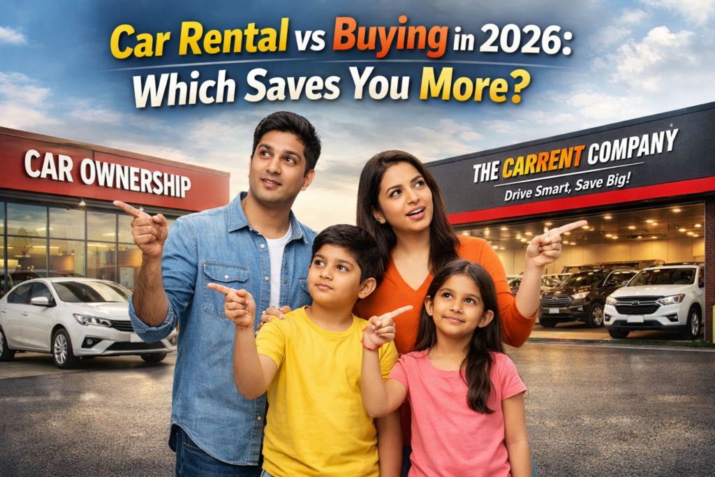 South Asian family choosing between car ownership and The Car Rent Company showroom in Chandigarh – car rental vs buying comparison 2026