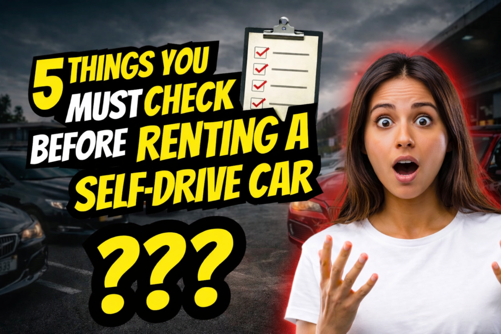 Customer checking a self-drive rental car before booking for a safe and smooth travel experience