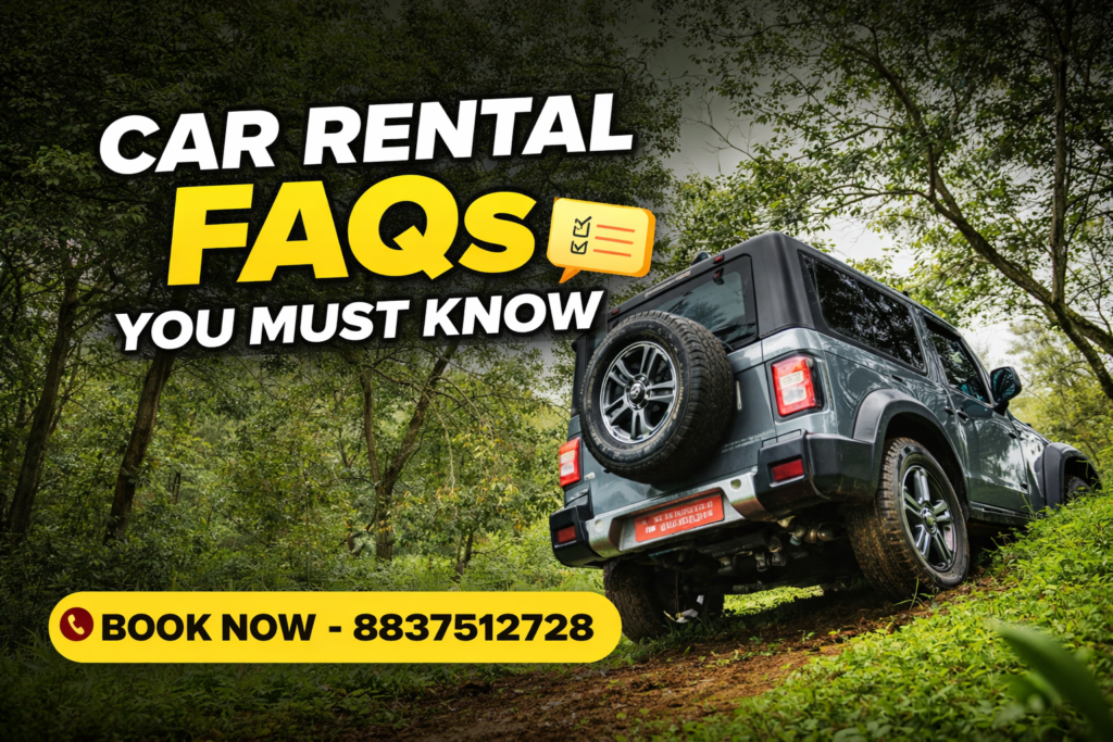 Black Mahindra Thar off-road in forest promoting car rental FAQs in Chandigarh with booking number for self drive cars