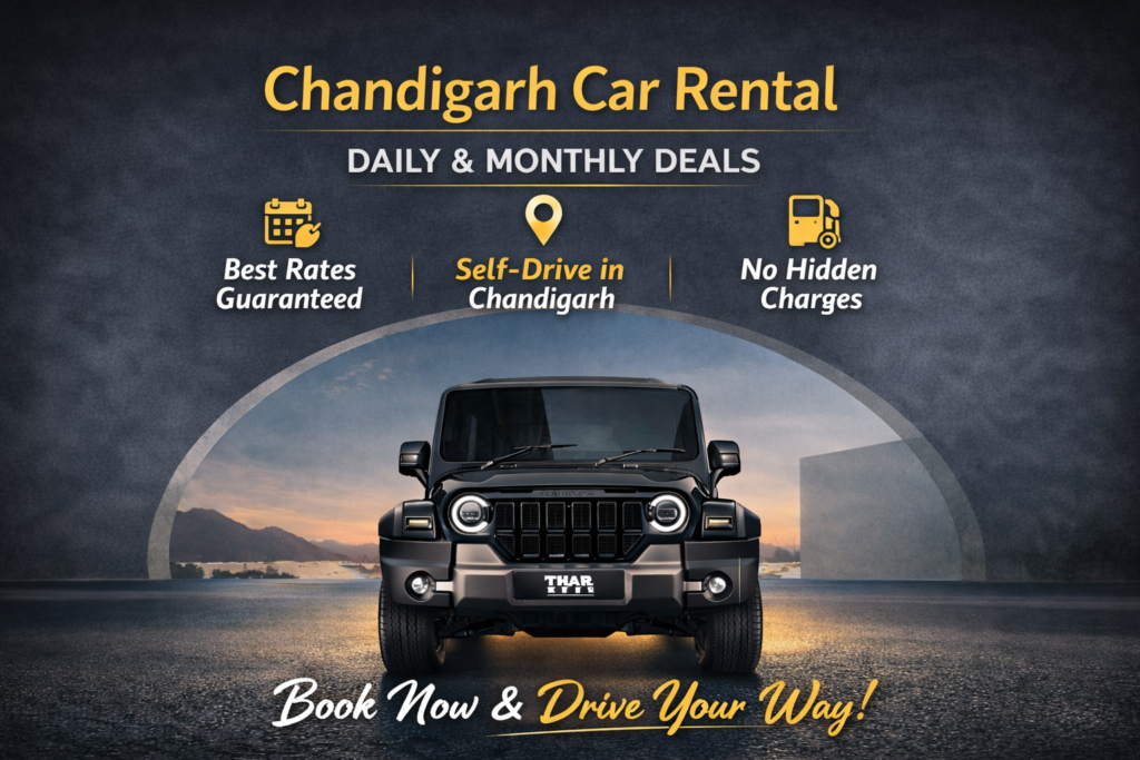 Black Mahindra Thar SUV with Chandigarh car rental text showing daily and monthly deals for self drive car rental services in Chandigarh.