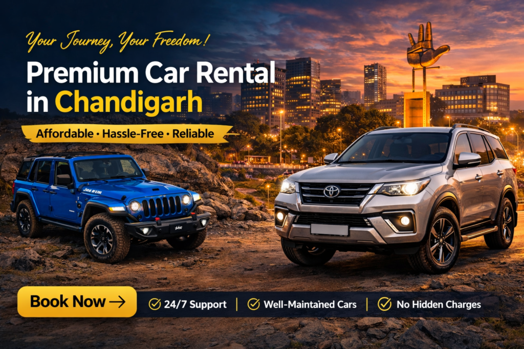Professional car rental promotional banner featuring a blue Jeep and silver SUV with Chandigarh city skyline at sunset, bold headline for premium car rental in Chandigarh, and booking CTA.