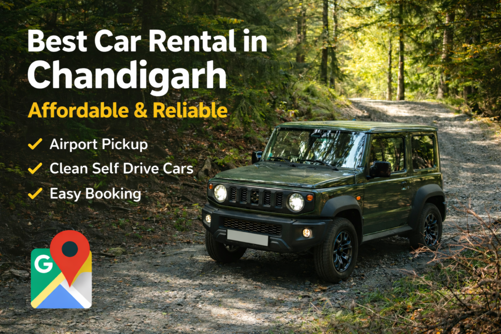 **Alt text:** Landscape promotional image of a green off-road SUV on a forest trail with the headline “Best Car Rental in Chandigarh – Affordable & Reliable,” feature points about airport pickup, clean self-drive cars, and easy booking, with the number plate hidden.