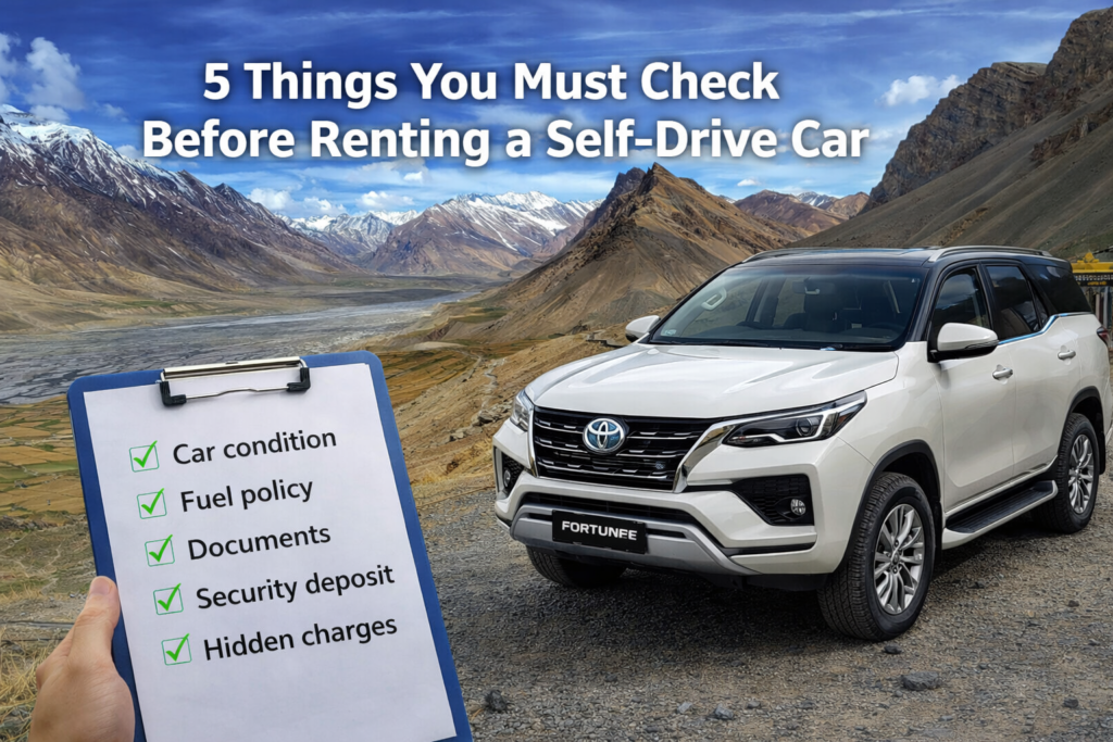 “Checklist before renting a self drive car in Chandigarh showing car inspection, documents, fuel policy and deposit details”