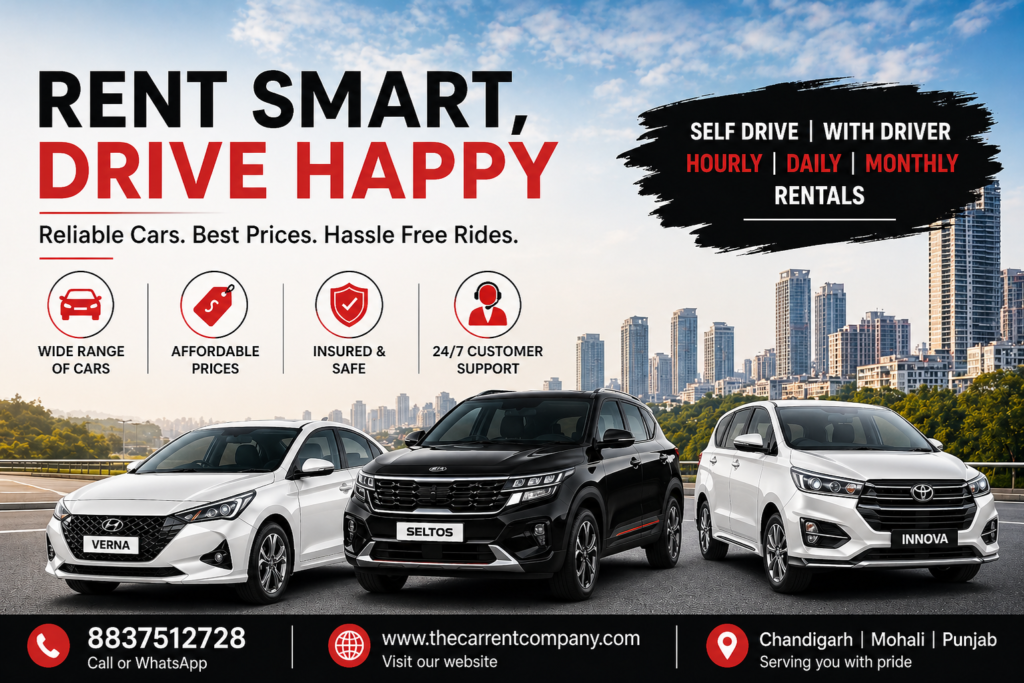 Car rental advertisement banner showing Verna, Seltos, and Innova with “Rent Smart, Drive Happy” text and contact number 8837512728