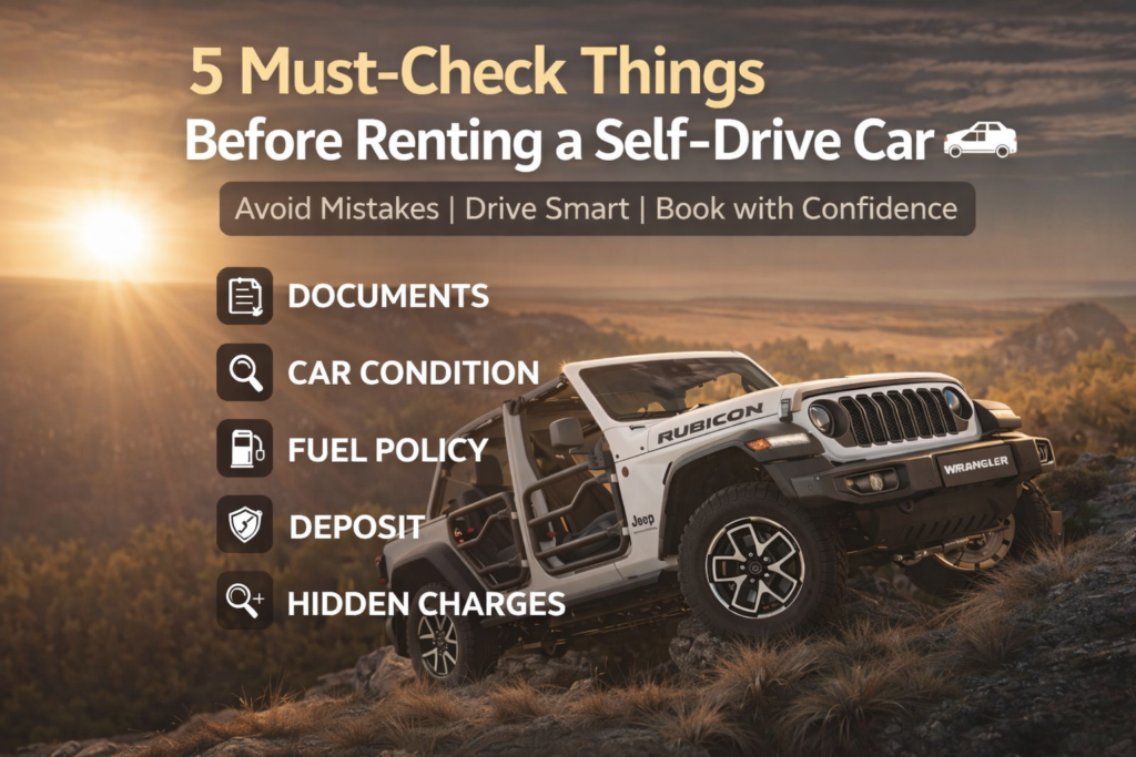 Self drive car rental checklist showing Jeep Wrangler off-road with tips like documents, car condition, fuel policy, deposit and hidden charges for Chandigarh car rental