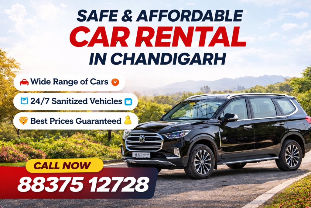 Promotional blog banner for The Car Rent Company featuring a black SUV on a scenic road with the title “Why Choose The Car Rent Company for Safe & Affordable Travel?” highlighted in large text, service benefits like wide range of cars, 24/7 sanitized vehicles, best prices guaranteed, and a call now number 8837512728.